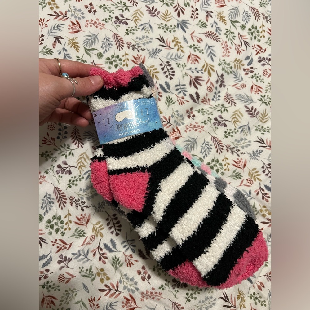 Striped Fuzzy Socks - Pink, Black, and White 5 pack